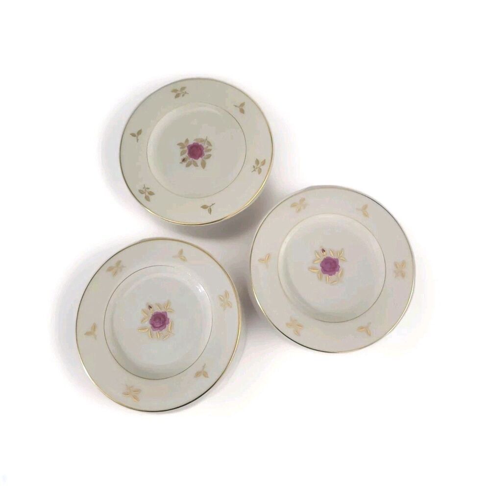 Lenox Rhodora Fine China Set 3 Bread Plates P471 Pink Rose Gold Leaf 6.5 in